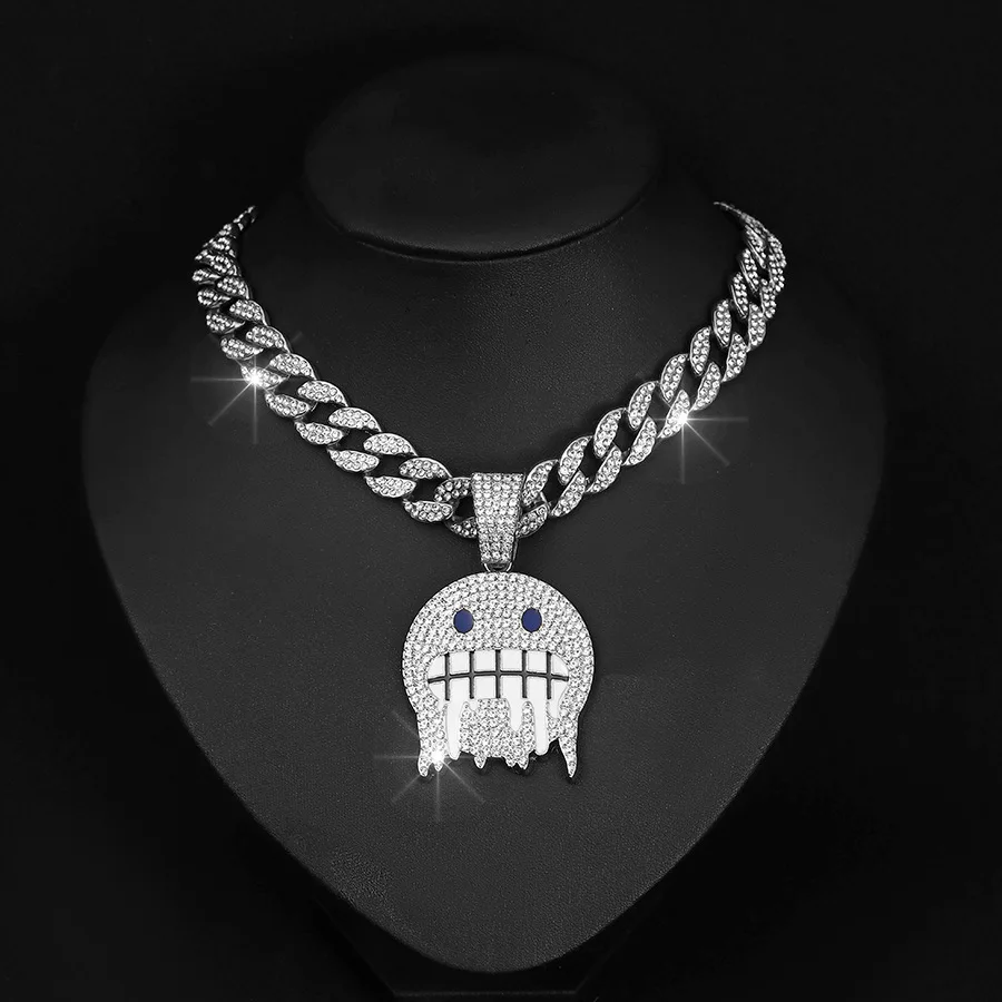 

Men's Hip Hop Expression Shape Pendant Necklace with Cuban Chain Ice Crystal Shiny Fashion Boys Rap Rock Jewelry Necklace