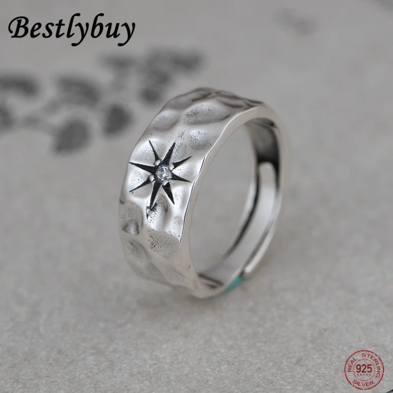

Real 925 Sterling Silver Handmade Hammer Patterned Star Shaped Ring Men's And Women's Fashion Gift