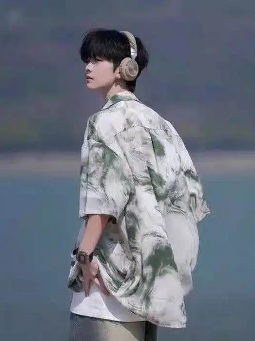 

Hawaii Tie Dye Short Sleeve Men's Shirt Summer Ice Silk Loose Fit Lightweight Floral Print Outerwear Polyester Fiber Casual