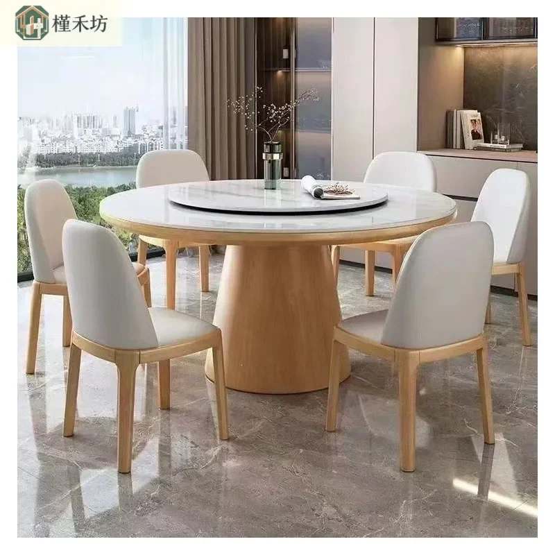 for Rock Slab Induction Cooker Dining Table Light Luxury Round Restaurant Table All Solid Wood Frame Large Italian Style