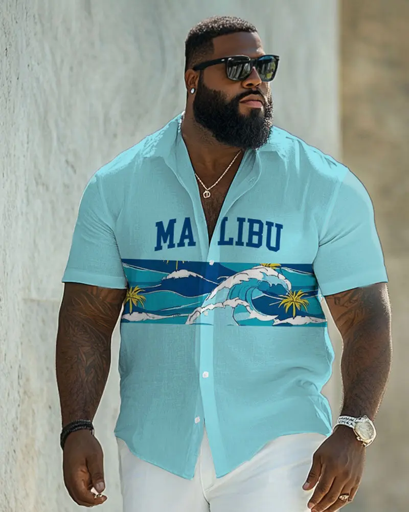 

S-9XL Plus Size Men's Hawaii & Malibu Print Short Sleeve Shirt, Casual Button Up for Beach, Vacation & Daily Wear