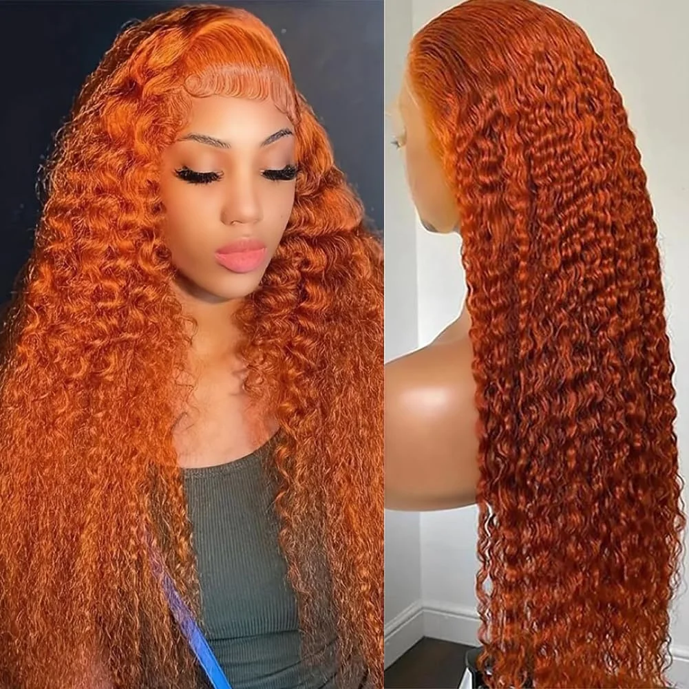 

13×4 Deep Wave Lace Front Wigs Human Hair Transparent Ginger Curly Pre Plucked 220 Density Orange Lace Frontal Wig For Women350