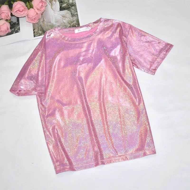 Womens Sparkly Shiny Metallic Holographic Round Neck Short Sleeve Casual Loose Top Festival Party Tee Shirt Female Clothes