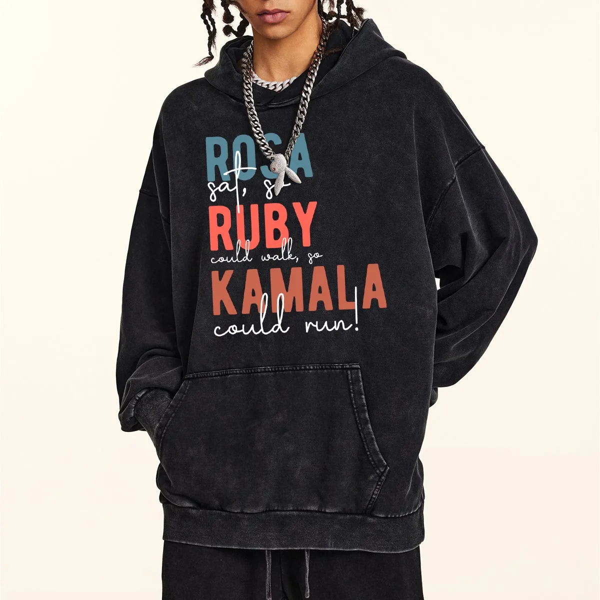 Rosa Ruby Kamala Letter Hoodie Men Funny Advertising Slogan Hoodies Washed Simple Casual Cotton Sweatshirt Loose Hoody Clothing