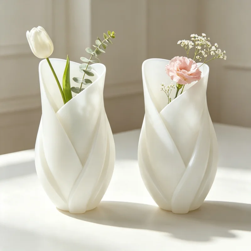 Two-Piece Set of Vintage-Style Sculptural Vases, 3D Printed Petal-Shaped White Flower Vessels, Matte Texture, Waterproof, Shatterproof, Durable, Not Easily Broken, Suitable for Deep-Toned Flowers Like Red Roses and Irises, Decorative Pieces for Study Room, Fireplace, Wine Cabinet, Vintage British-Style Home Decor, Housewarming Gift for Men, Mid-Century Ambiance Room Makeover, Decorative Creative Vases for Shelving