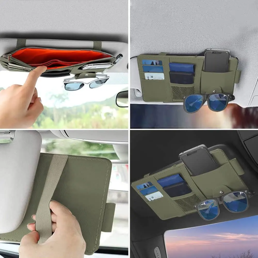 Leather Car Sun Visor Organizer Multi-Pocket Business Card Storage Management Sunglasses Holder Visor Accessories Auto Interior