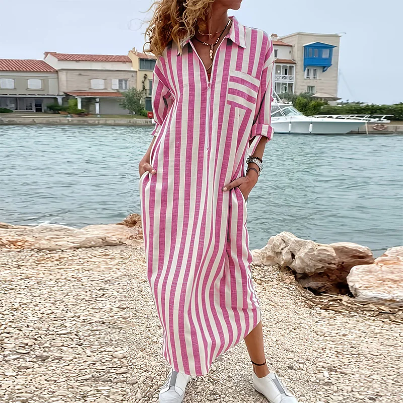 Elegant Turn Down Collar Linen Breathable Dress Trendy Casual Loose Pocket Dress Summer Stripe Long Sleeve Shirt Dress For Women
