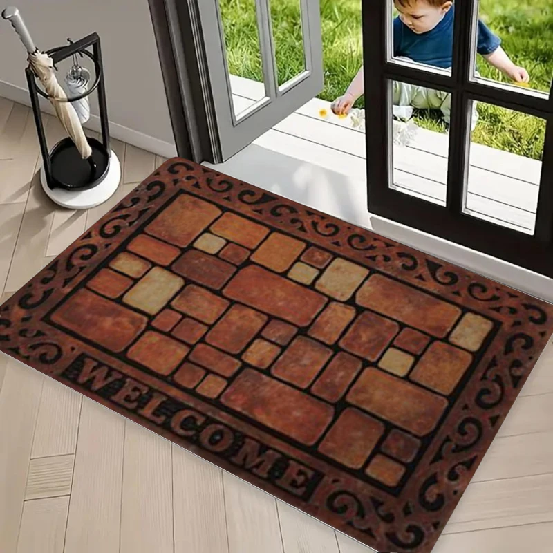 Vintage Brick Welcome Doormat Stone Mosaic Floral Scroll Pattern Decorative Floor Mat for Front Door Indoor Outdoor Home Decor