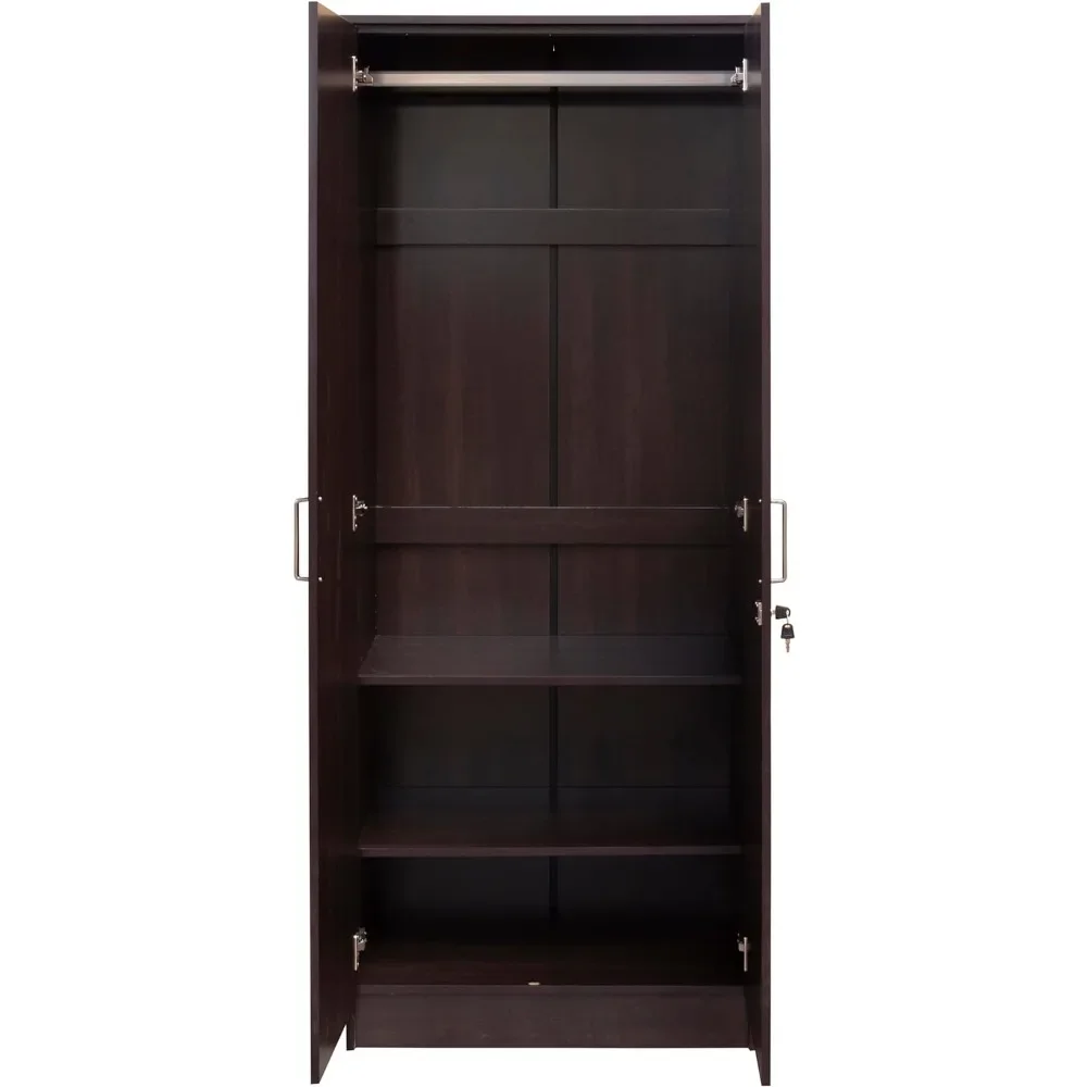 Large Wooden Bedroom Armoire Closet with 3-Shelves and Hanging Rail, Clothes Storage Cabinet 72