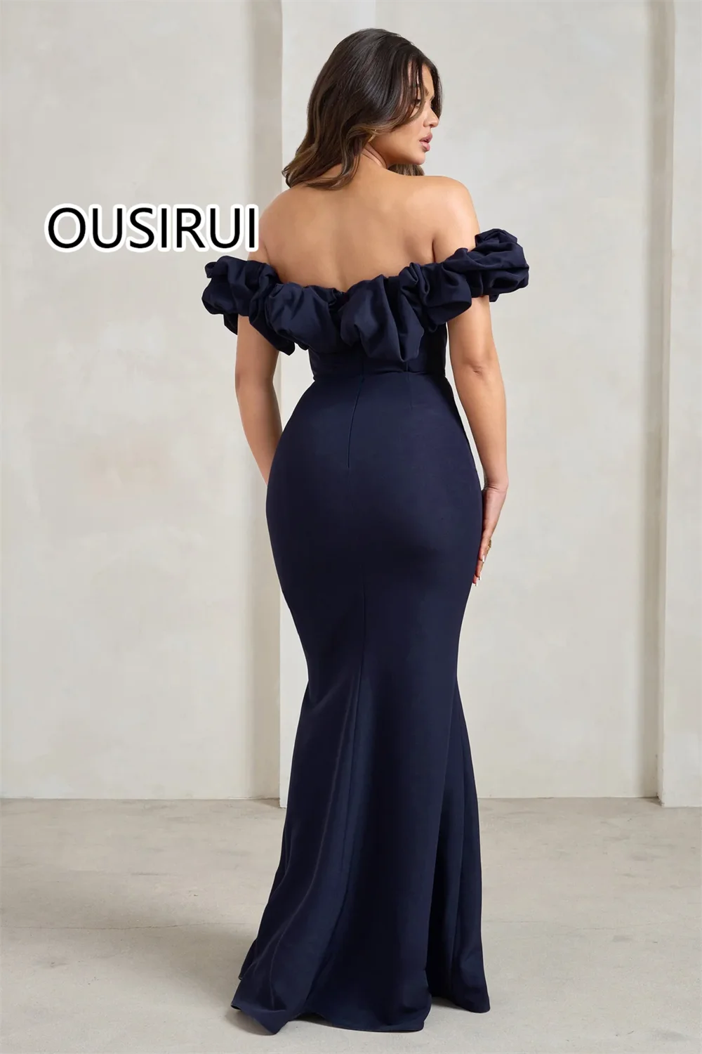 Women Boat Collar Ruffles Modest Evening Party Dress Sheath Backless Trian Evening Prom Gown for Bridesmaid robe de mariée