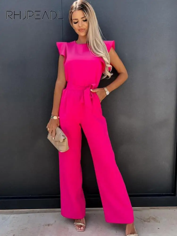 Summer Women\'s Jumpsuits Casual O-neck Ruffles Belt Office Lady Wide Leg Playsuits 2023 Elegant Solid Overalls Woman Jumpsuit