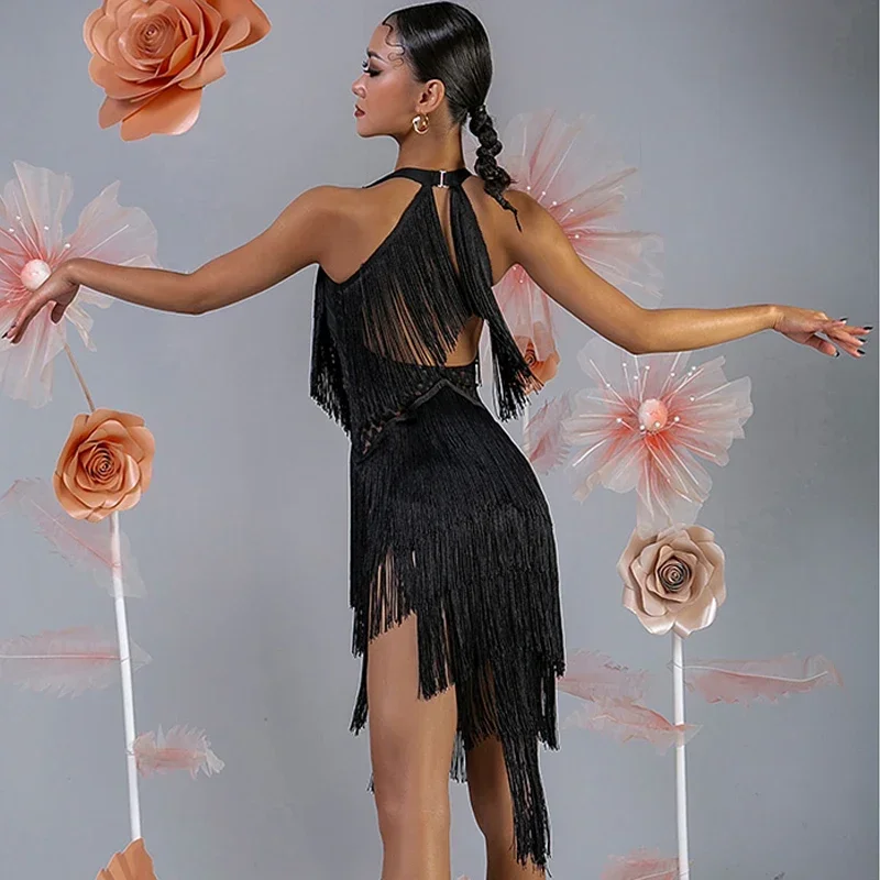 Latin Dance Copetition Dress Women Backless Fringe Sexy Black Dress Cha Cha Rumba Samba Tango Dance Costume Prom Wear DNV17498