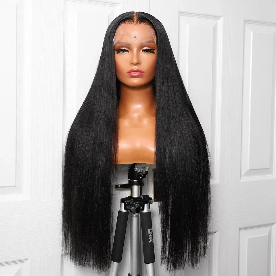 Peluca lisa y sedosa con malla frontal para mujer, pelo de bebé sin pegamento, resistente al calor, color negro Natural, 26 pulgadas, densidad 180, predesplumada diaria