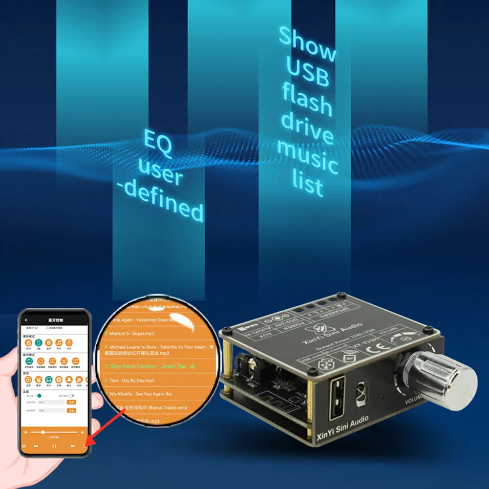 

XY-Y50L Плата цифрового усилителя мощности звука Bluetooth-совместимая 5.1 AUX USB двухканальная с пультом дистанционного управления
