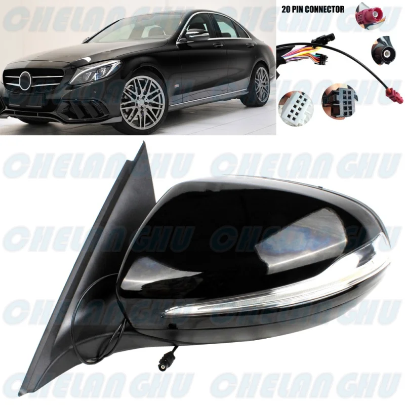 

For Benz W205 C180 C200 C300 C250 2014 2015 2016 2017 2018 Left Side 20 Pins Black Painted Puddle Lamp Auto Fold Mirror Assembly