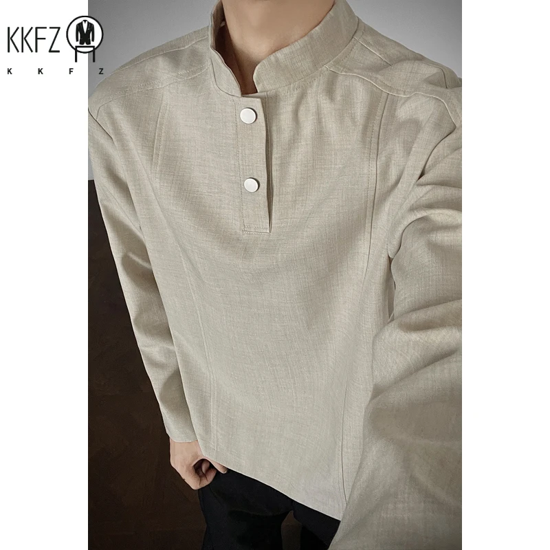 Mens Stand Collar Long Sleeve Top Partial Button Closure Decorative Seam Craft Loose Fit For Office Commute Leisure Outfit