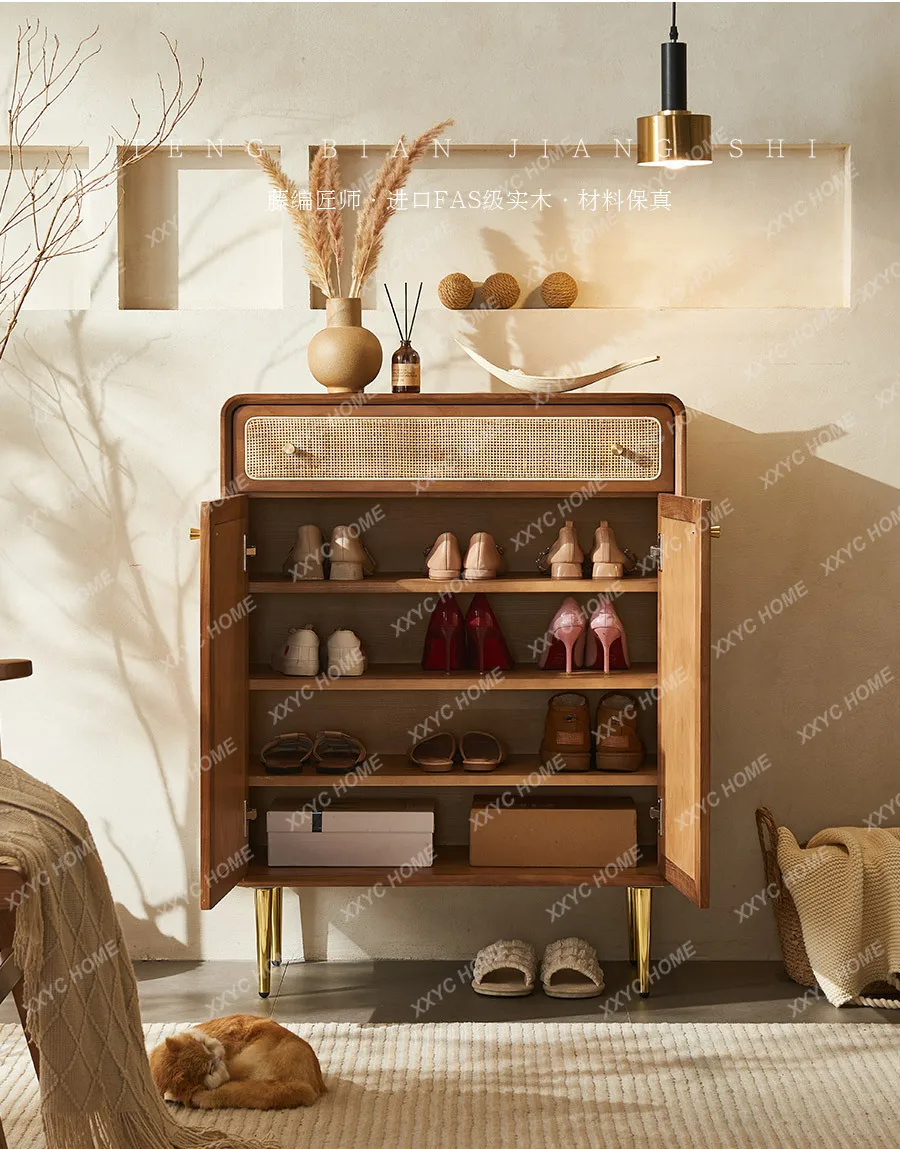 Rattan master solid wood shoe cabinet entrance rattan art fashion simple layered baffle storage cabinet