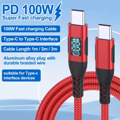 100W USB C to USB C Fast Charging Cable with 480Mbps Transfer Speed Red Nylon Data Cord for Xiaomi Poco  for Samsung Devices