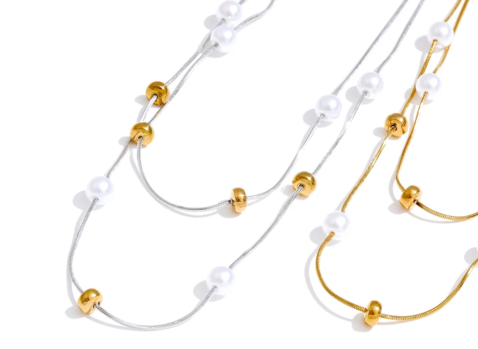 Yhpup Edelstahl Doppelschicht Perlen Kette Overlay Halskette für Frauen Beliebte Chic Frauen Koreanische Chic Schmuck Zubehör – Detail 9