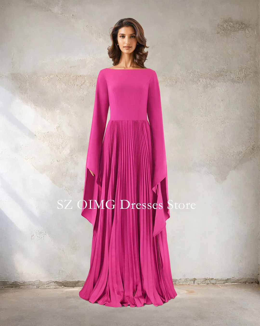 OIMG New Design Boat Neck Simple Prom Dresses Saudi Arabic Women Vintage Fuchsia Pleated Satin Evening Gowns Formal Party Dress