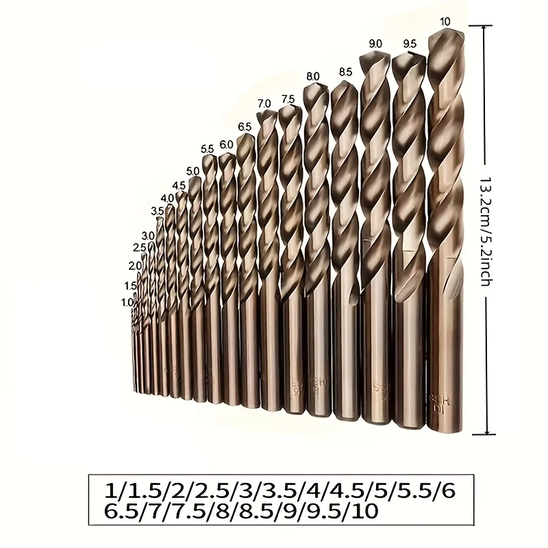 Twist Drill Bit Set 19Pcs 1‑10mm Metric, HSS 135° Split Point Round Shank Bits for Metal, Wood, Plastic Household DIY Drilling
