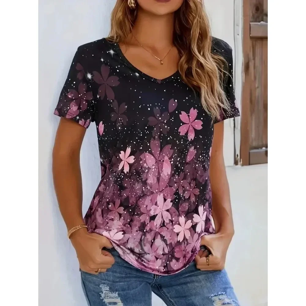 Plus Size 1XL-8XL Women Fashion Floral Print O Neck T-shirt Ladies Casual Short Sleeve Loose T Shirt Tops