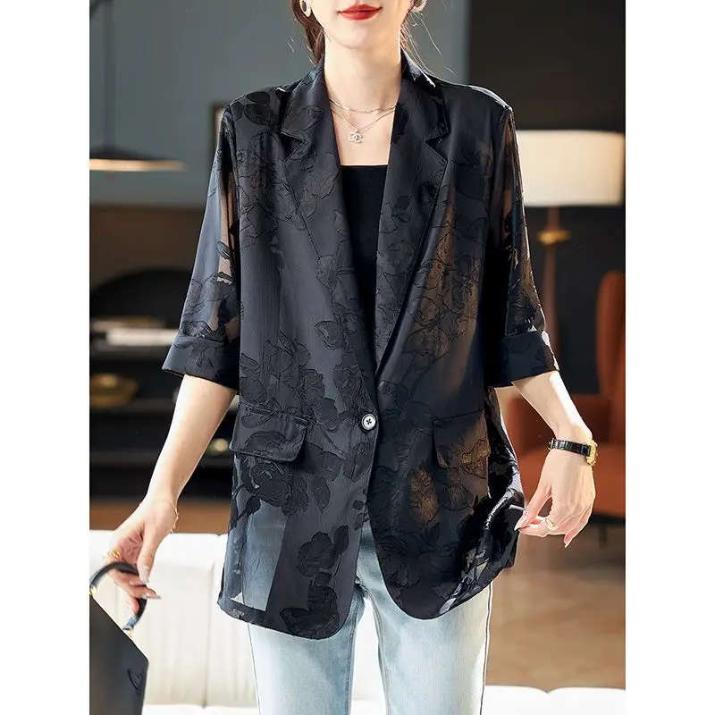 New Fashionable Micro Transparent Mesh Patchwork Suit Jacket for Women's Notched Long Sleeves Thin Style Coat 2025 Summer Wh4