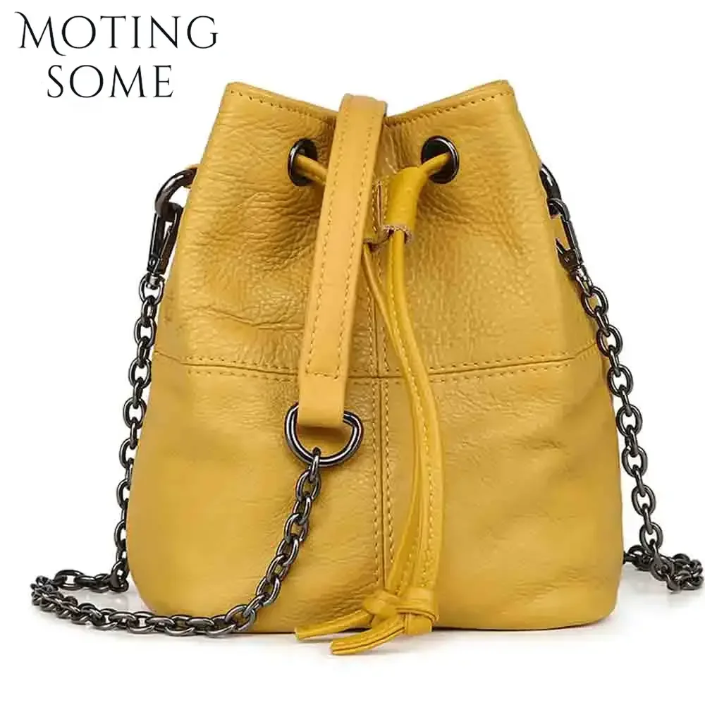 Motingsome borsa a secchiello Samll per donna 100% catene a mano in pelle naturale borse a tracolla Mini custodia femminile gialla novità nel 2024