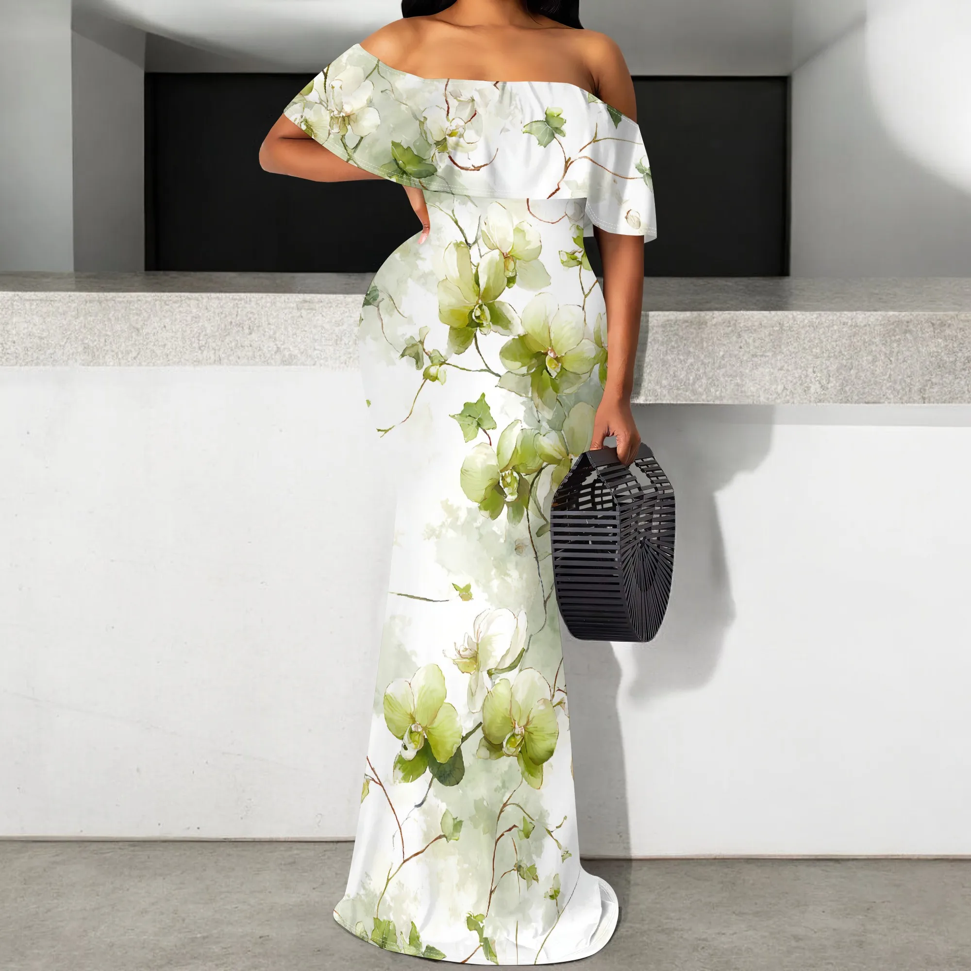 

Women's Green Floral Off Shoulder Maxi Dress 2025 New Mermaid Bodycon Long Dress for Wedding Guest Garden Party S-3XL