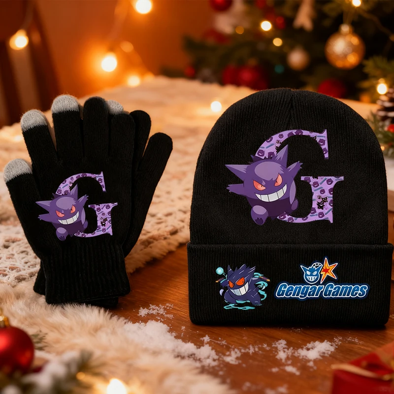 Pokemons gorros para niños guantes traje Gengar letra A-Z mitones tejidos dibujos animados Anime sombrero de invierno niña niño guantes de punto cálidos 2 uds