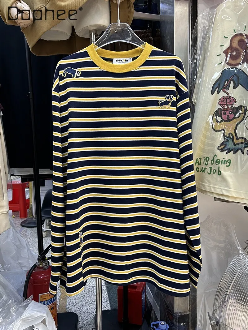 Striped T-shirt Long-sleeved Women's Spring and Summer Round Neck Pullover Embroidered Medium and Long Loose Straight Top