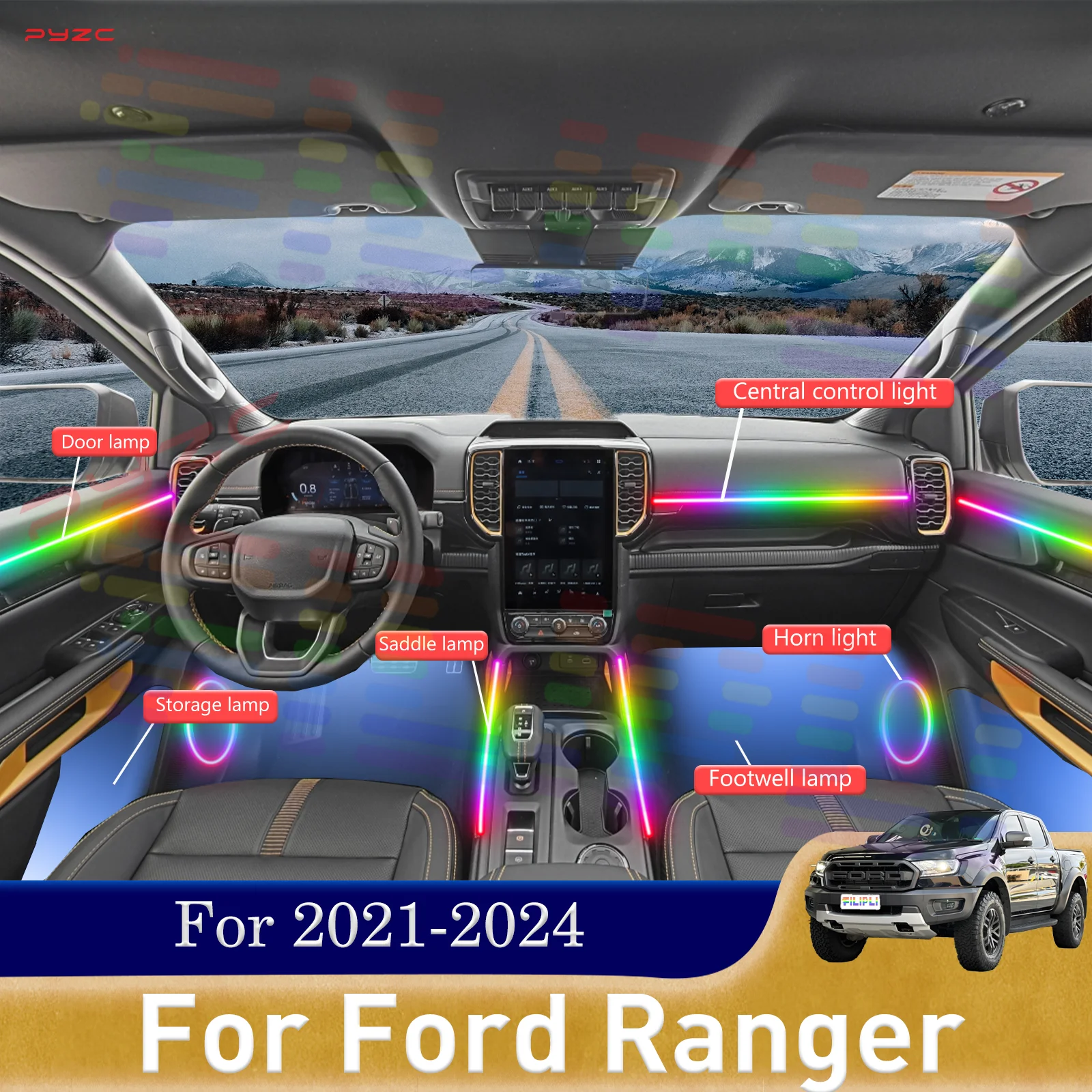 Для Ford Ranger RGB 64-цветный светодиодный умный пульт дистанционного управления для салона автомобиля, окружающее освещение, набор для установки с безопасным выпуском на 2021-2024 годы