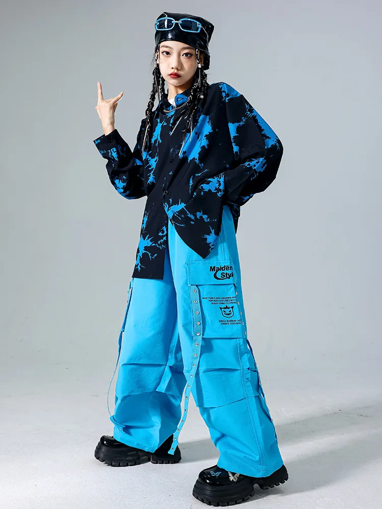 Jungen K-pop Street Dance Sets Tie-dye Hemd Cargo Hosen Mädchen Hip Hop Blau Jogger Kinder Kleidung Kinder jazz Streetwear