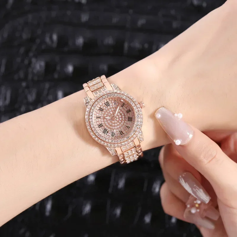 Reloj de lujo con diamantes brillantes para mujer, relojes de pulsera de cuarzo dorado, cristal de circón para mujer, reloj de pulsera elegante, regalos