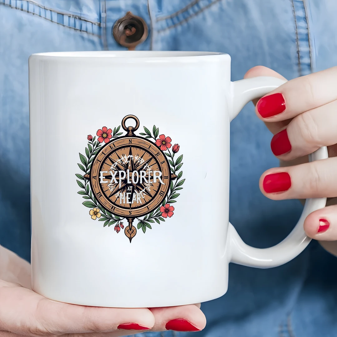 

11oz Compass Pattern Mug + Explorer's Choice + Retro Hand-painted Style + Kids Drink Cup Christmas Gift Office Cup