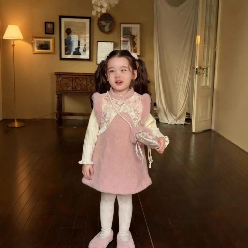 

2025 New Embroidered sequin Warm Dress for Girls White Bottom Shirt with Mushroom Edge and Lucky Bag 3-Piece Set