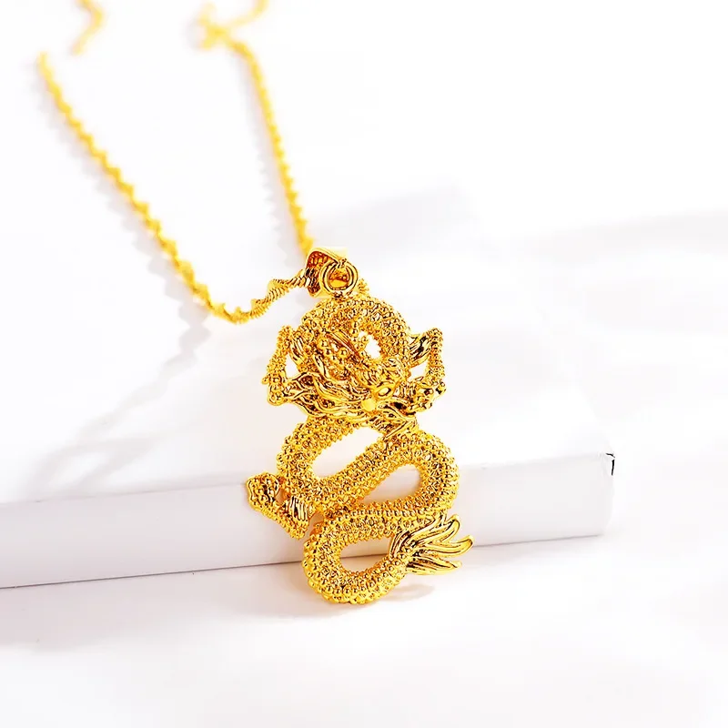 

Pure 14k Gold Color Necklace Clavicle Chain for Men Women Necklace 3D Dragon Pendant Yellow Gold Fine Jewelry Gifts
