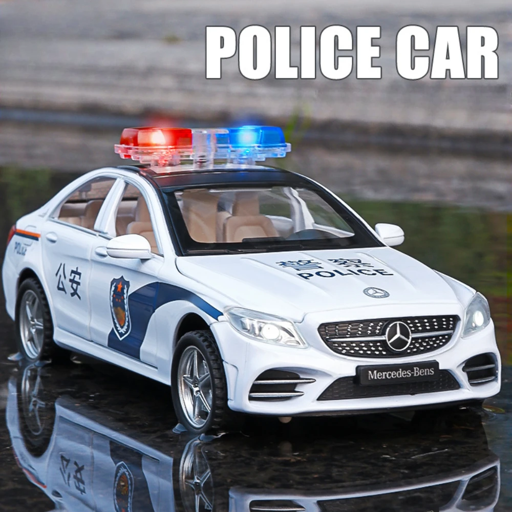 1:32 Benz C260L Miniatur-Polizeiauto, Spielzeugmodelle, Legierung, Druckguss-Sound, Licht, 6 Türen geöffnet, zurückziehbar, SWAT-Fahrzeuge, Jungen präsentiert