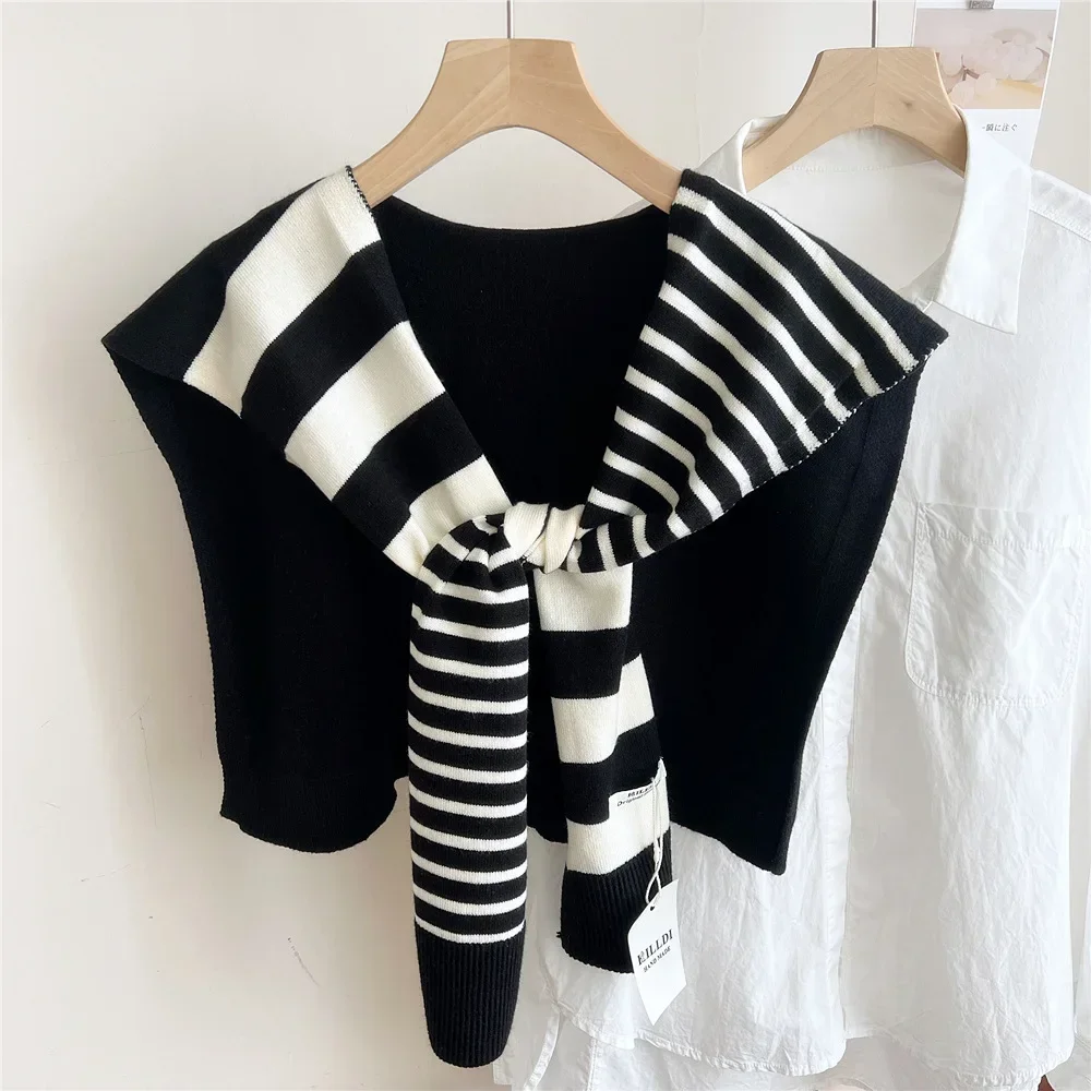 Concave Shape Artifact Fashionable All-Match Asymmetric Striped Knitted Shawl Korean Sle Design Sense Stacked Small Shoulder