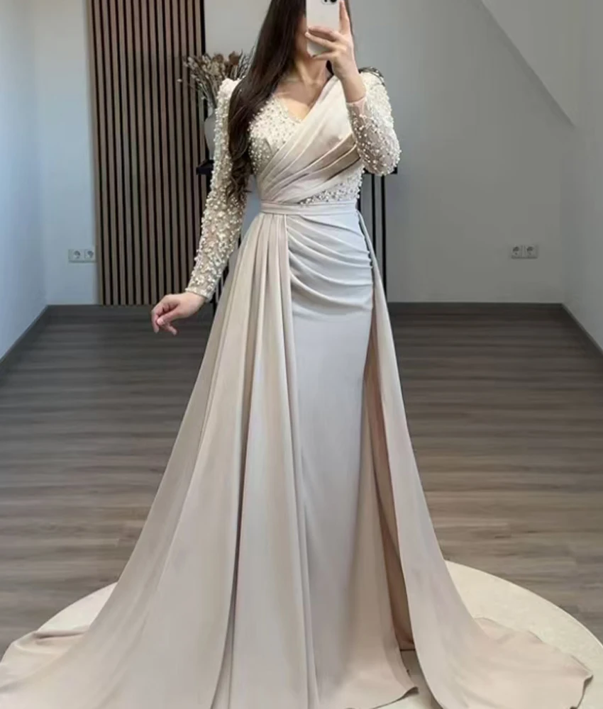 

Customized Graceful Jersey Beading Sequined A-Line Evening Dress High Quality Long Sleeves Floor Length فساتين سهرات