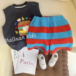 2026 Summer Baby Clothing Set Infant Boys Girls Cute Hamburg Print Sleeveless T-shirt and Stripe Shorts 2Pcs Suit Toddler Outfit