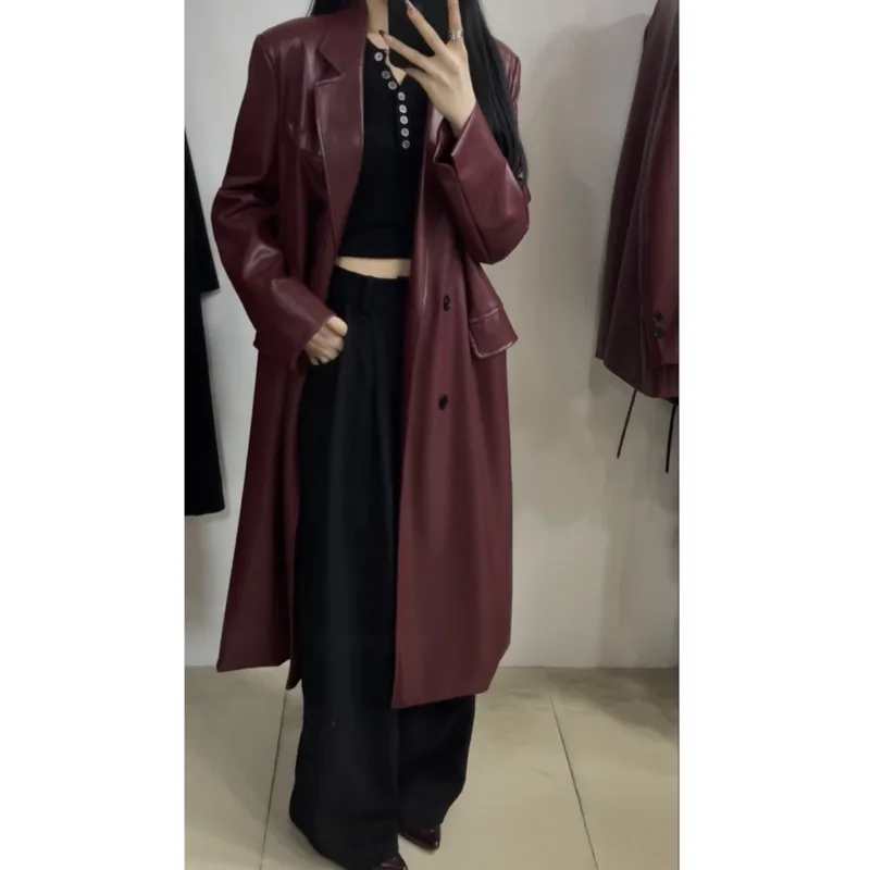 [EWQ] Korean Fashion Long Sleeve Double Breasted PU Leather Windbreaker Temperament Women Winter Trench Coat 2024 New 16O2006