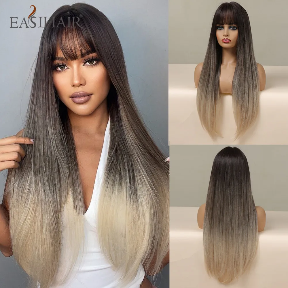 

EASIHAIR Ombre Brown Long Straight Synthetic Wigs with Bang Natural Daily Cosplay Party Hair Wigs for Women Heat Resistant Fiber