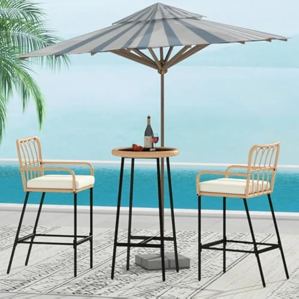 3 Pieces Patio Bar Table Set, Outdoor Wicker Bar, All Weather Height Bar Stools and Table Set, for Garden, Deck, Balcon