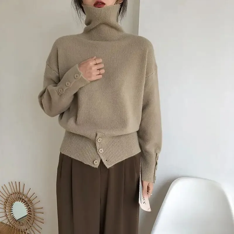 Turtleneck for Women autumn Winter Retro Buttons Knit Sweater Female Loose Soft Solid Color Korean High-necked Sweater Women