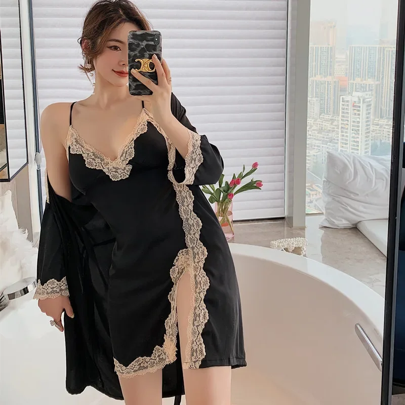 MEHCITIZ 2 Pieces Women's Robe Sets Spring Summer Sexy Princess Pyjamas Lace Gowns Silk Sleepwear Night Dress Home Wear Bathrobe