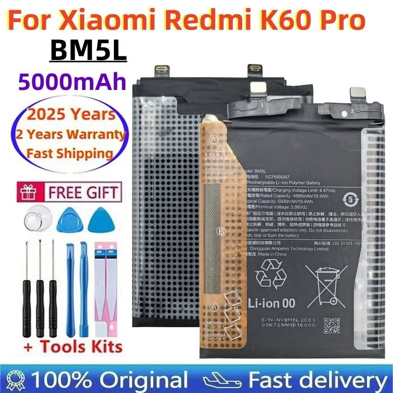 

100% Original Battery For Xiaomi Redmi K60 Pro K60Pro BM5L 5000mAh Replacement Mobile Phone Battery Fast Shipping