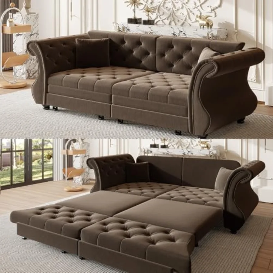 

83.8'' Sleeper Sofa Bed Queen, Convertible Pull Out Couch, Chesterfield Futon Sofa Bed with Flower-Tuffed Back, Velvet Daybed,