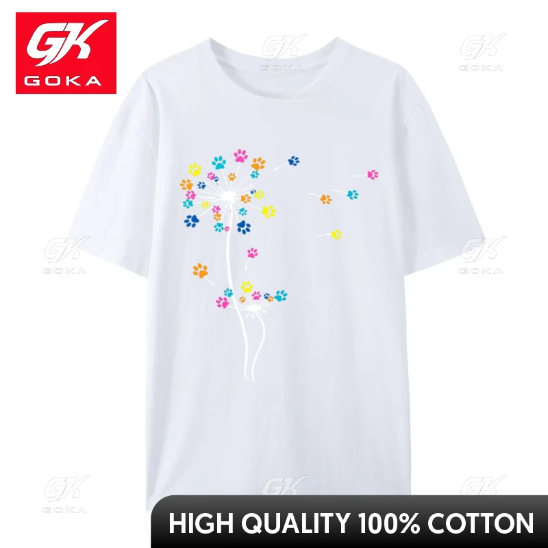 Cute Colorful Dog Paw Print Dog Flowers Dandelion Dog Lovers T-Shirt Tops & Tees Oversized Europe Cotton Men's T Shirt