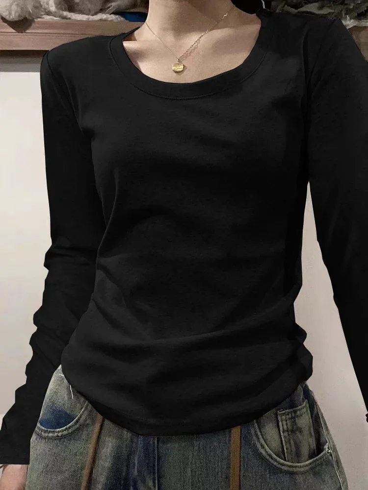 

Футболка Slim Fit Long Sve, женский топ, американский Sle, осенняя новинка Faion, обтягивающее тело, корректирующее плечо, тонкая основа irt